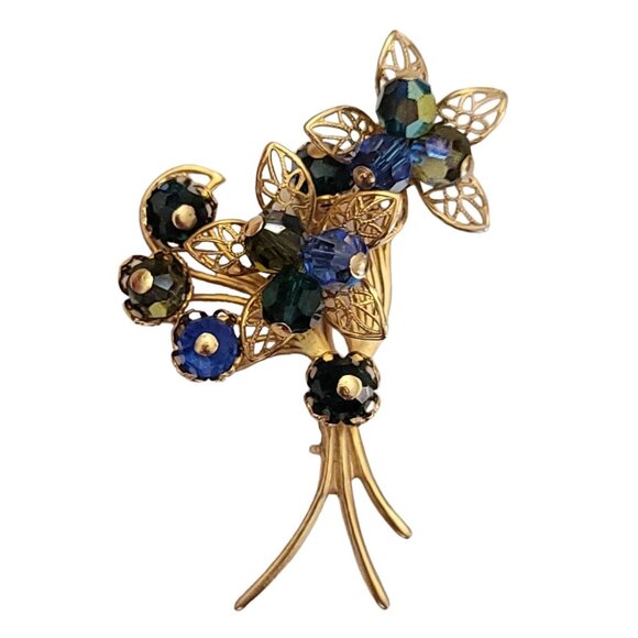 Gold Tone Blue Aurora Borealis Filigree Flower Bunch Brooch K550 - Picture 2 of 8